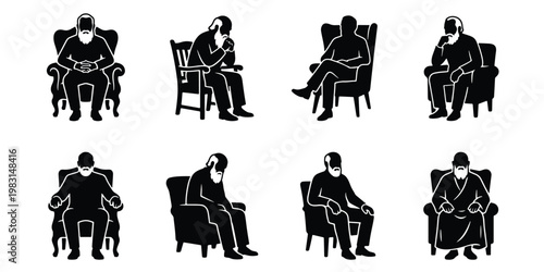 Elderly man silhouette icons set, senior male character sitting in armchair, retired grandfather resting in various poses, black and white vector collection