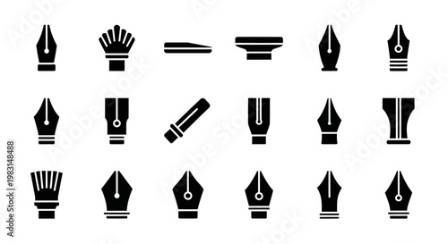 Calligraphy, pen nibs, fountain pen tips, black icons, vector set