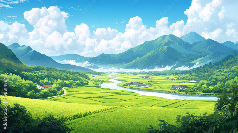 Fototapeta premium Spring rural rice fields pastoral scenery illustration