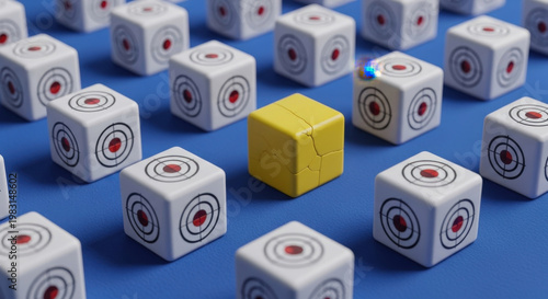 Yellow Puzzle Cube Standing Out Among White Target Cubes on Blue Background Unique Identity Individuality Innovation
