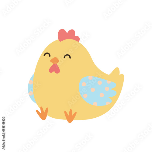 A cheerful yellow cartoon chick sits happily, featuring a spotted blue wing and a sweet smiling face in a cute vector illustration.