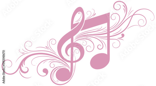 Elegant pink musical notes symbol decorated with beautiful flowing floral flourishes for creative artistic design project themes