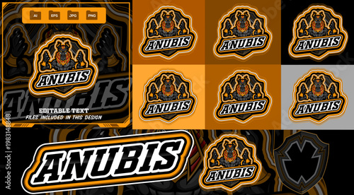 Powerful mighty anubis e-sport sport mascot logo. Egyption god with fierce jackal head and golden armor bold shield emblem. Editable vector for gaming teams, branding, e-sport, sport sticker, hoodie.