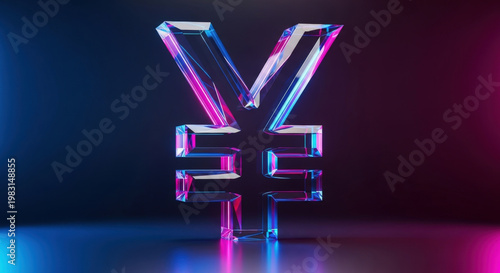 Yen Currency Symbol Crystal Glass Reflection Financial Market Investment Business Finance Futuristic Neon Glowing Light Effect Graphic Design