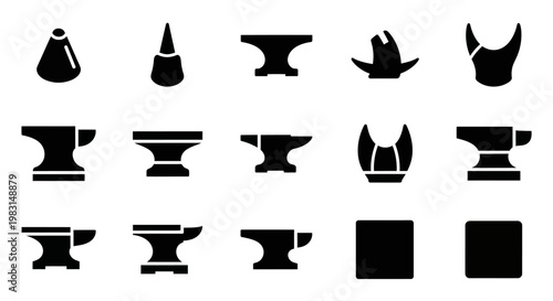Black anvil, metalworking icons, 15 silhouette symbols, industrial tools, vector graphics