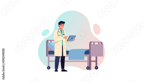 Doctor with Tablet and Hospital Bed, Medical Healthcare Concept