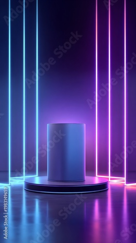Futuristic neon-lit pedestal with vibrant blue and pink lights
