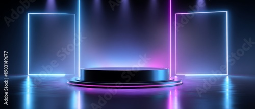 Futuristic neon-lit stage with glowing lights and reflections