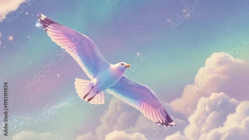 Fantasy illustration of a seagull flying in a dreamy pastel starry sky