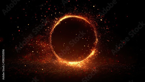 Glowing orange circle, surrounded by small particles, floating in a dark space, vibrant cosmic effect