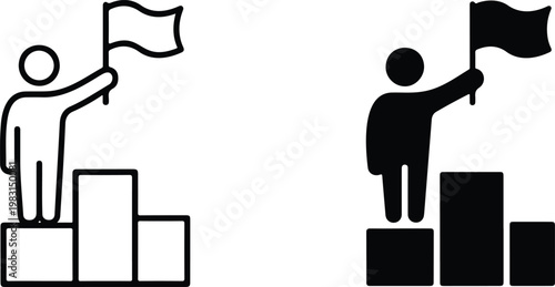 Clean vector illustration of achievement icons featuring stick figure climbing podium and celebrating success in dual minimalist design variations