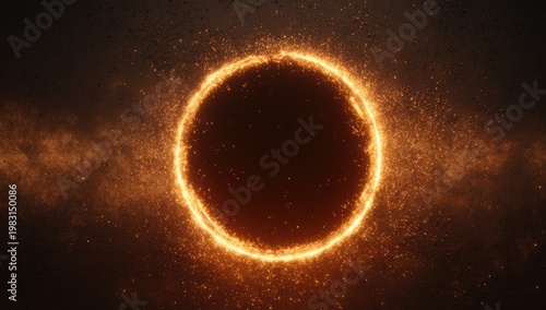 Glowing orange energy ring in space, with small particles floating around it, dark background