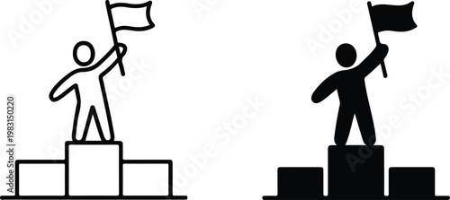 Clean vector illustration of achievement icons featuring stick figure climbing podium and celebrating success in dual minimalist design variations