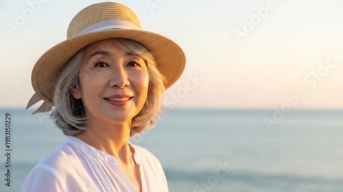 Senior Asian woman wearing a straw hat smiling gently at the beach during sunset