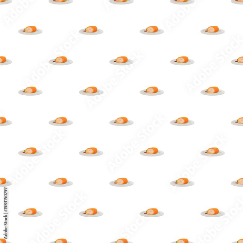 Swiss roll dessert slices on plates forming a repeating seamless pattern on a white background