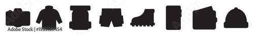 Black and white travel icon collection silhouette elements for adventure and exploration. Collection of fashion and black vector silhouettes of clothes and accessories, vector illustration.