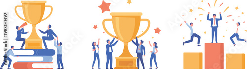 Flat minimalist business achievement illustration with three panels showing trophy success growth charts and celebrating figures in vector composition