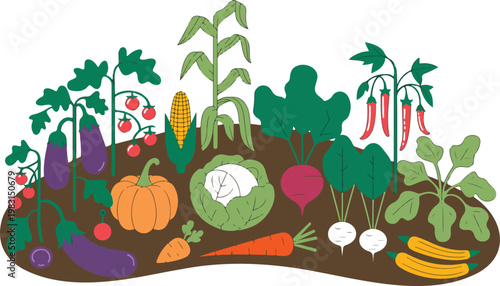 Stylized vector garden bed design featuring diverse vegetables including carrot radish cabbage and peppers in rich soil minimal flat style