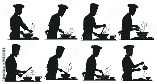 Silhouette collection of chefs cooking and serving in various poses. Silhouette of a male chef in various cooking poses, emphasizing culinary skills and creativity, vector illustration.