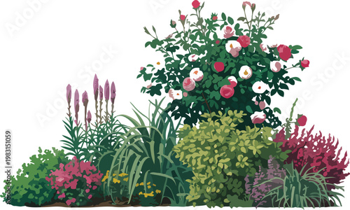 Detailed vector garden scene featuring flowering plants foliage and shrubs in tiered arrangement with vibrant botanical elements and textures