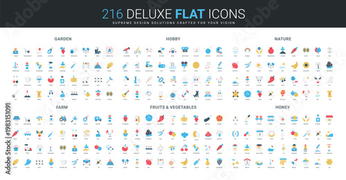 Comprehensive flat icon collection featuring gardening, hobbies, nature, farming, fruits, vegetables, and honey themes, ideal for diverse eco and lifestyle projects isolated vector illustration