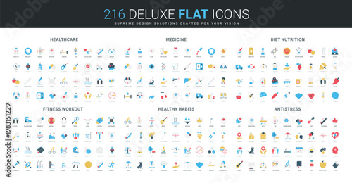 Comprehensive flat icon set covering healthcare, medicine, diet, nutrition, fitness, healthy habits, and antistress concepts for wellness, prevention, and lifestyle isolated vector illustration