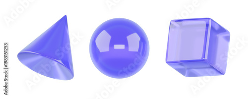 Abstract 3D Geometric Simple Shapes with Glossy Purple Glass Effect, Sphere, Cube and Cone Elements, Iridescent Holographic Trendy Design, Modern Tech Simplicity 3D Render, Isolated Crystal Icon Set
