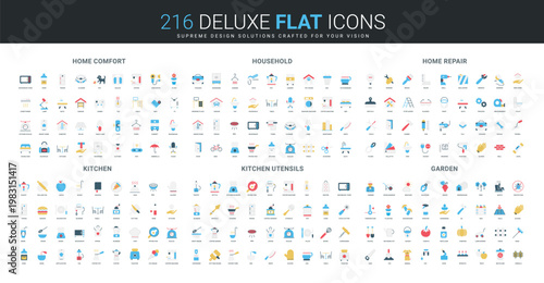 Comprehensive flat icon set covers home comfort, household, repair, kitchen, utensils, and garden themes for lifestyle, maintenance, and organization needs isolated vector illustration