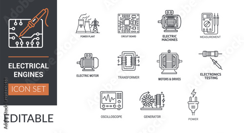 Electrical Engineering Line Icons Set – Motors, Circuits, Power Systems Editable Stroke Vector Pack