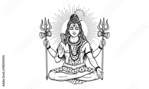 Lord Shiva Hindu God Meditating with Trident Engraving Style Illustration