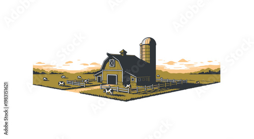 Vector pixel art windmill farm with red barn and silo at sunrise