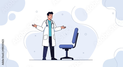 Doctor with Stethoscope Gesturing Next to Empty Chair in Medical Office - Illustration