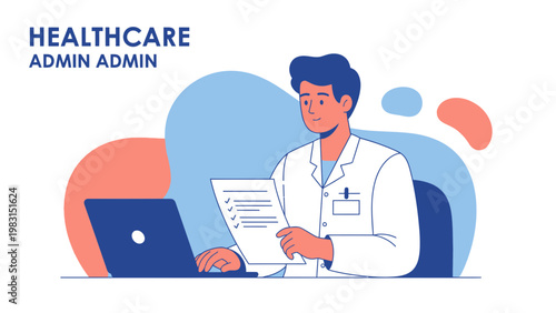 Doctor working on laptop with checklist, healthcare administration concept