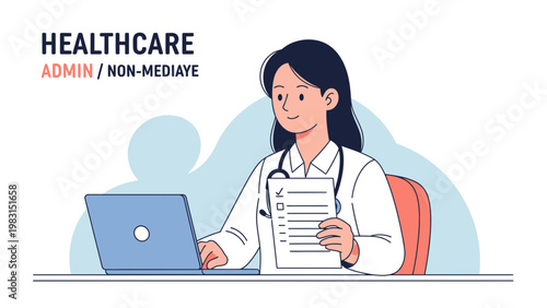 Doctor working on laptop with patient checklist, healthcare administration concept