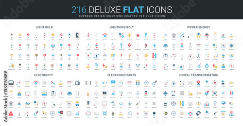 Comprehensive flat icon collection covering light bulbs, lightning, power energy, electricity, electronic parts, and digital transformation concepts isolated vector illustration