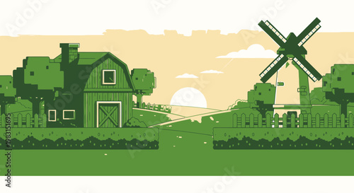 Vector pixel art windmill and barn landscape at sunrise