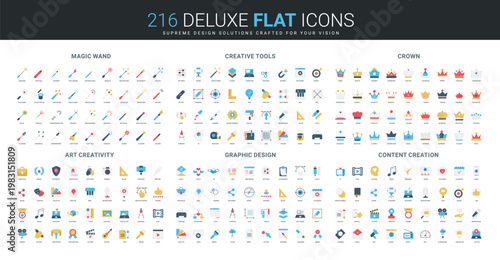 Comprehensive flat icon collection featuring magic wands, creative tools, crowns, art elements, graphic design, and content creation concepts isolated vector illustration