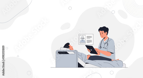Doctor with Tablet Examining Patient in Hospital Bed, Medical Consultation