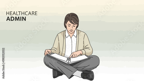 Healthcare Admin Person Studying Documents Sitting Cross-legged
