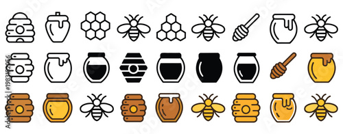 Honey and beekeeping line flat and color icons vector set with editable stroke, bee beehive honeycomb honey hive jar spoons flower icons collection, vector illustration