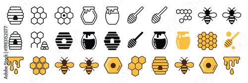 Honey and beekeeping icon set in line flat and color styles with editable stroke, collection of bee hive honeycomb jar spoon and floral symbols representing and natural honey production vector