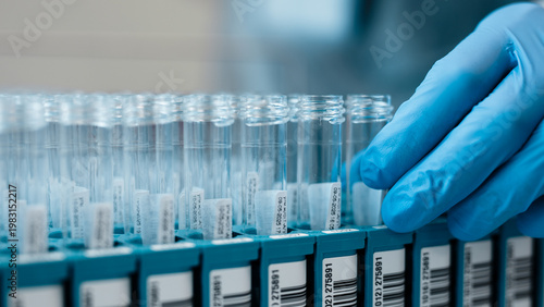 Bild auf Leinwand Laboratory technician wearing blue gloves handling test tubes in a laboratory se