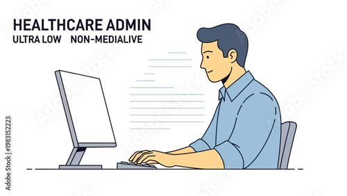 Healthcare Admin Working on Computer, Digital Health Technology Concept