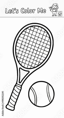 Single-page coloring page of a tennis racket and ball for sports 
