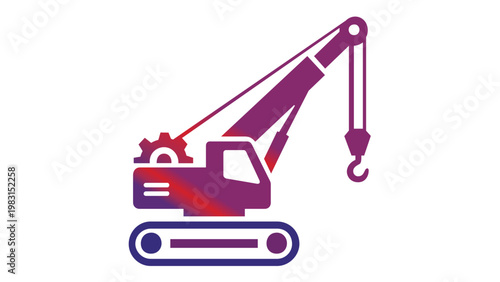 Vibrant gradient vector icon illustration of a heavy-duty crawler crane with a lifting hook, perfect for construction site branding, industrial engineering projects, and building machinery.