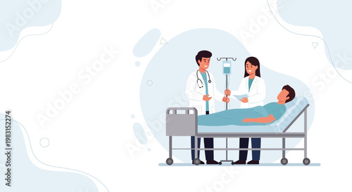 Doctors caring for patient in hospital bed with IV drip, medical teamwork illustration
