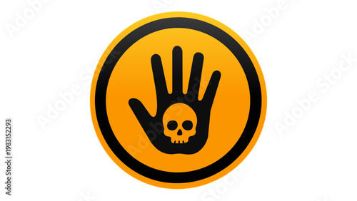 Vector illustration of a yellow circular warning sign featuring a black hand silhouette with a skull in the palm, representing danger, toxic hazard, poison risk, and safety alert for construction
