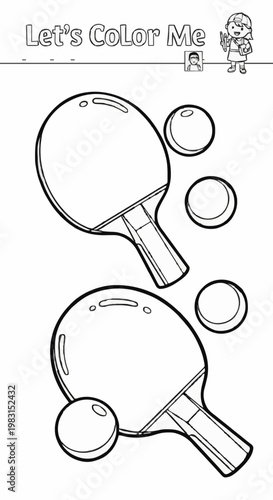 Single-page coloring page of a ping-pong racket and ball for sports