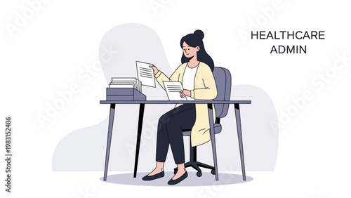Healthcare Administrator Working at Desk with Documents and Files