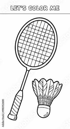 Single-page coloring pages of rackets and shuttlecocks for sports 